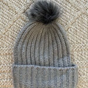 Gray Knit Beanie with Pom Pom